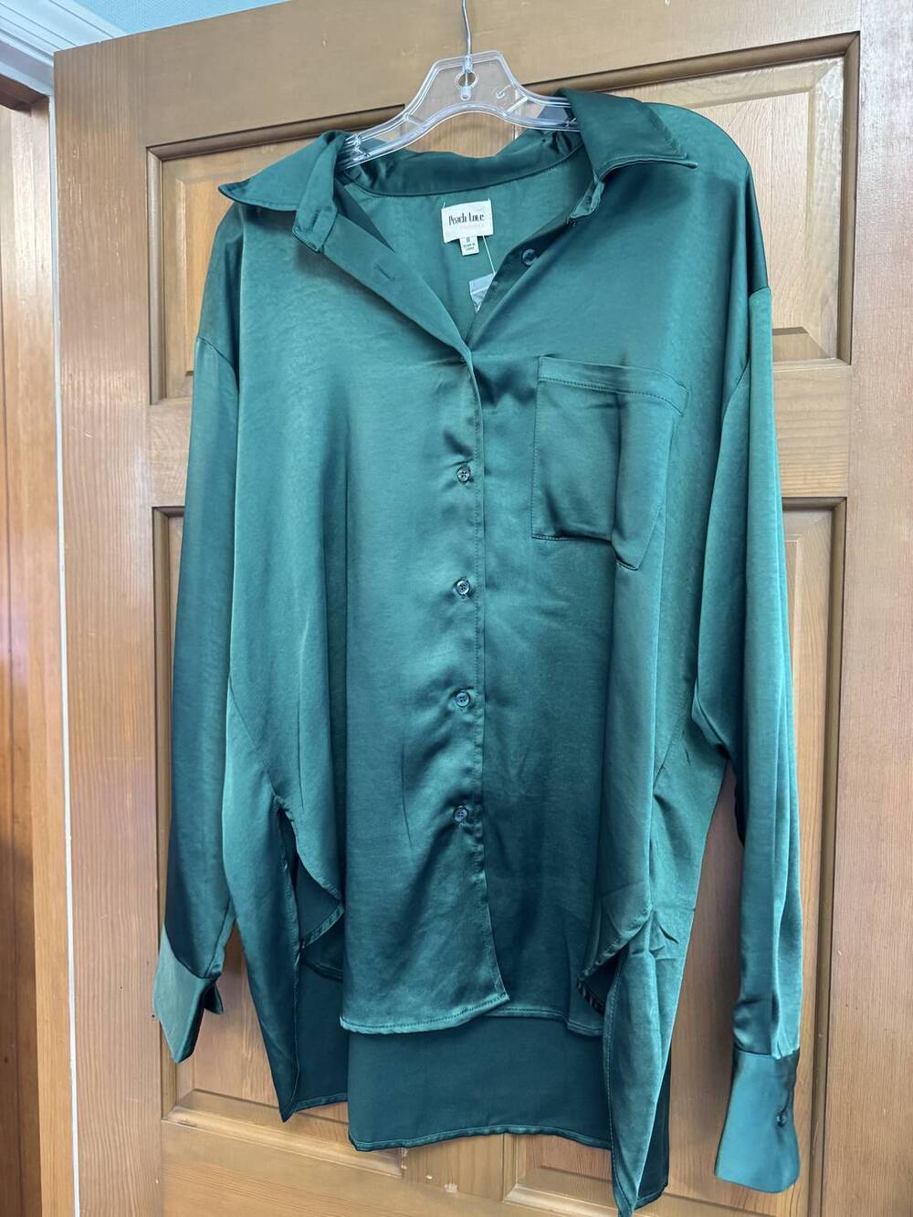 NEW PEACH LOVE women's silk top button down shirt in green